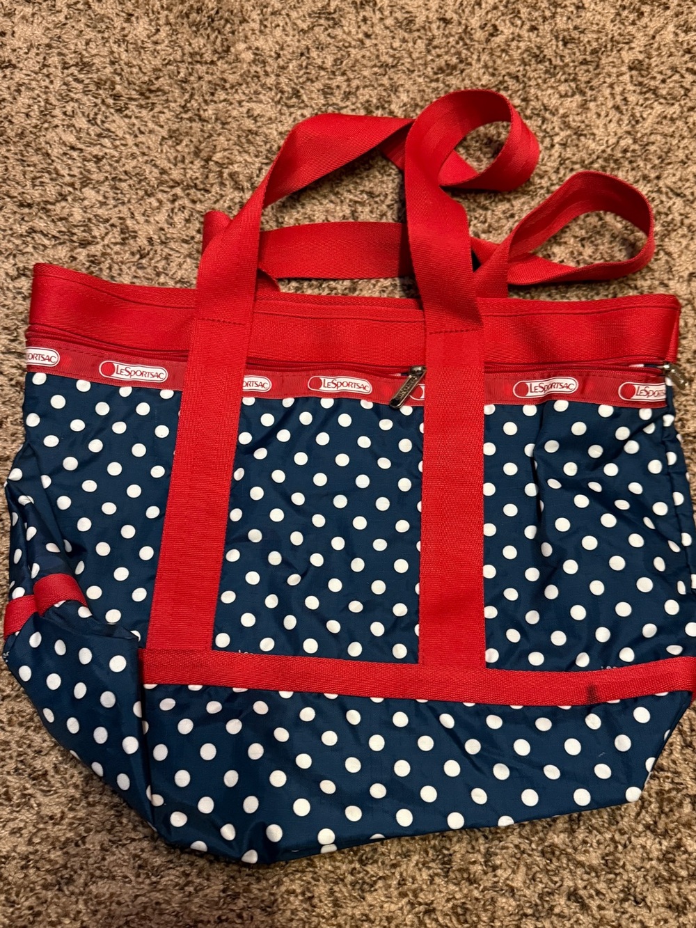 Lesportsac Navy Polka Dot Tote with Red Trim and Straps